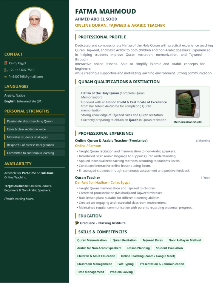 Fatma Mahmoud's Quran and Arabic teaching qualifications